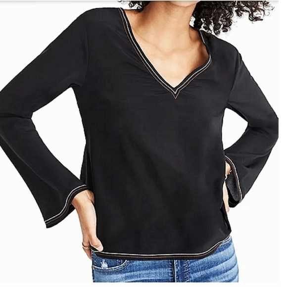 Madewell Black Silk Top Womens S Boho Open Back Flare Sleeve Stitched Y2K Blouse - Picture 2 of 11